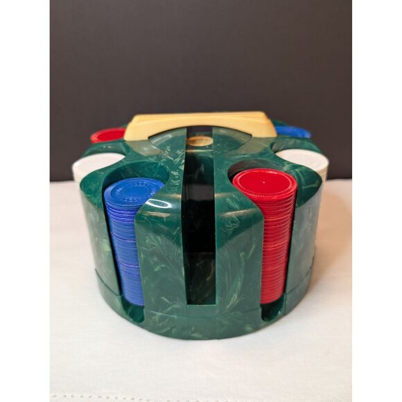 Vintage Poker Chip Holder With Marbled Green Plastic Case & Filled with Chips